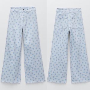 Zara Blue Floral Wide Leg Jeans